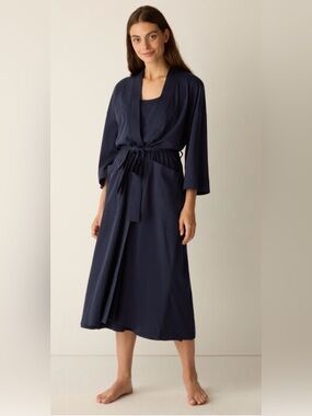 Eileen Fisher XXS/XS sleep set robe nightgown navy organic cotton comfy cozy